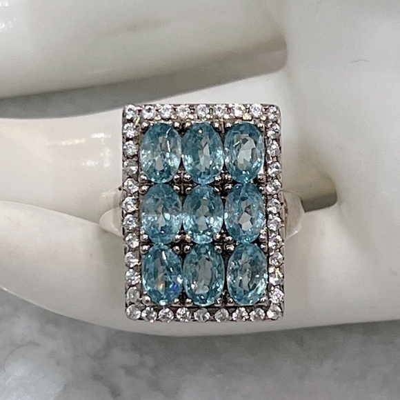 Jewelry - Cambodian Blue Zircon White Zircon Sterling Silver Rectangular Cluster R…